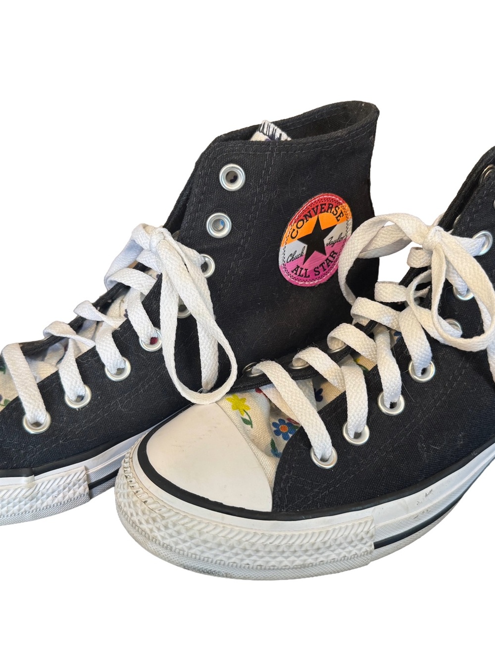Black Converse Hi Top with Floral Tongue, Rainbow Sole, and Lesbian Flag